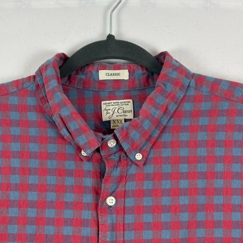 J.Crew Mens Red Checked Classic Stretch‎ Button Up Shirt Size XXL Organic Cotton